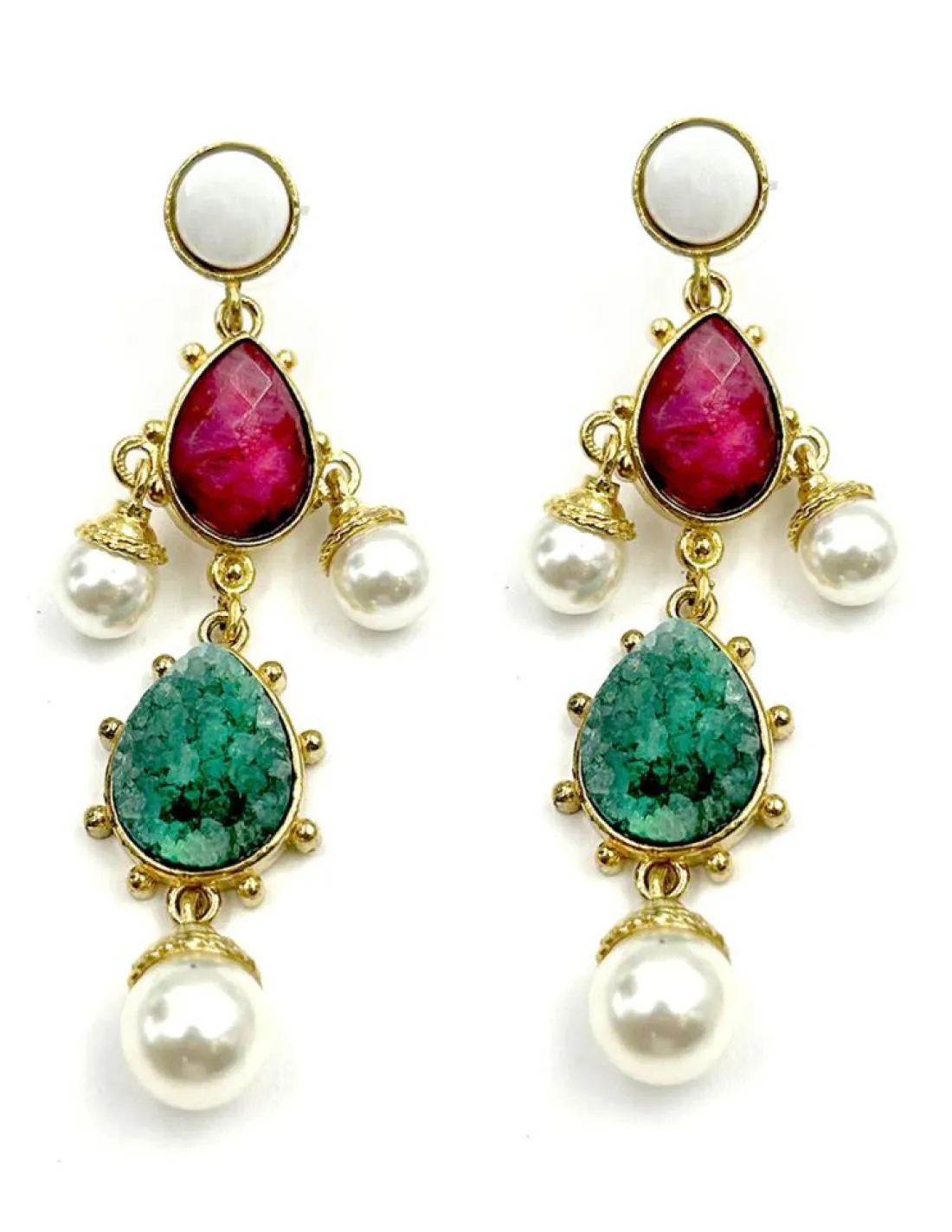 PENDIENTES LARGOS CON PERLAS Y PIEDRAS BUGAMBILIAS Y VERDES